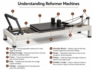 Pilates reformer machine diagram showing key parts including springs, sliding carriage, footbar, shoulder blocks, straps, pulleys, rails, frame, and handles. 