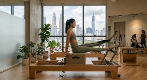 Woman doing a Pilates reformer stretch in a modern studio with city views, plants, wooden flooring, and mirrored walls.
