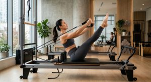 Woman performing a Pilates reformer exercise with straps in a modern studio, holding a V-sit position with legs raised on the carriage.