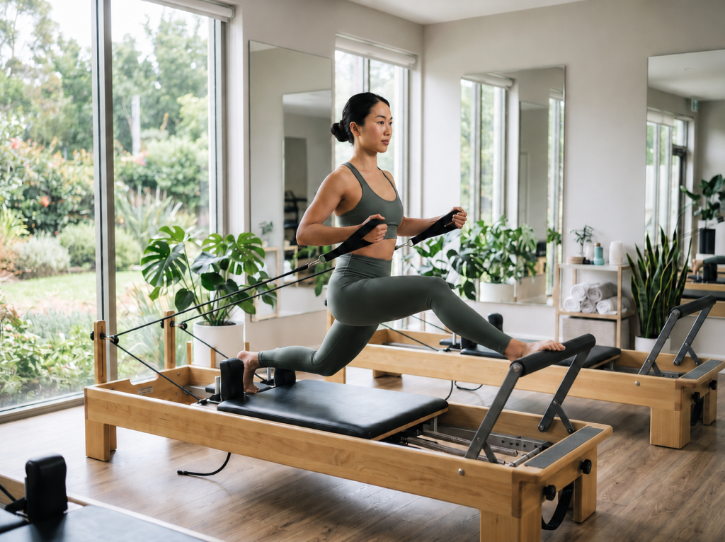 A woman in olive green activewear performs a Pilates reformer exercise in a bright, modern studio with large windows, mirrors, wooden floors, and indoor plants.