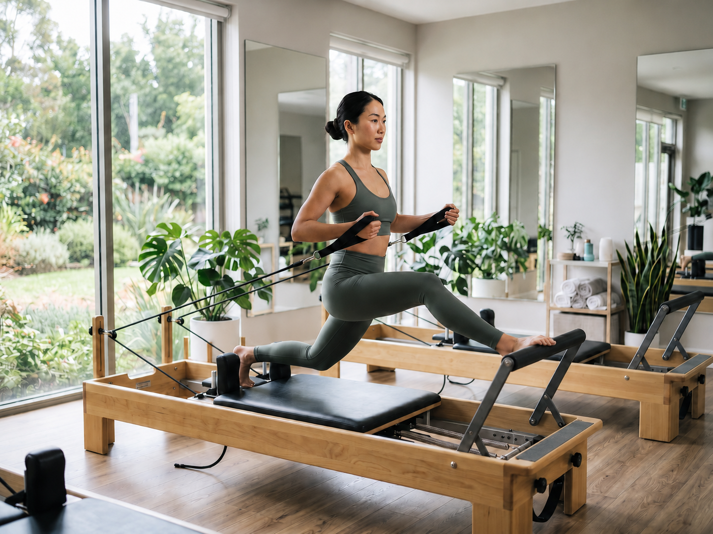 A woman in olive green activewear performs a Pilates reformer exercise in a bright, modern studio with large windows, mirrors, wooden floors, and indoor plants.