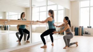 Barre Pilates instructor guiding a client’s posture during a private barre Pilates class in a bright studio
