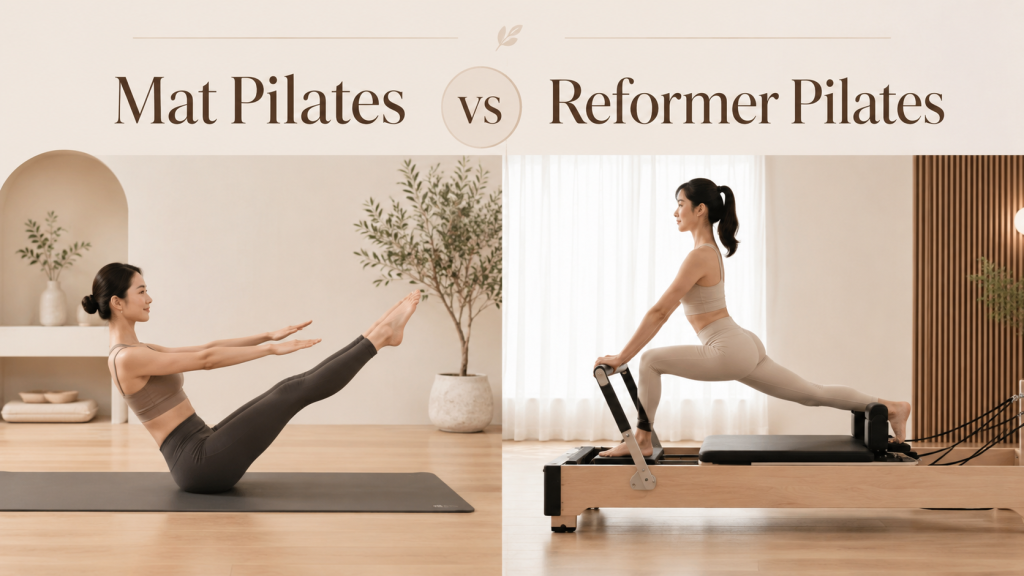 Mat Pilates vs Reformer Pilates comparison showing a woman performing floor-based Pilates beside a woman exercising on a reformer machine - LA Pilates Studio KL.