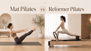Mat Pilates vs Reformer Pilates comparison showing a woman performing floor-based Pilates beside a woman exercising on a reformer machine - LA Pilates Studio KL.