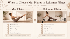 Mat Pilates vs Reformer Pilates comparison for beginners, highlighting floor-based core exercises, posture, machine support, adjustable resistance and full-body strength - LA Pilates Studio