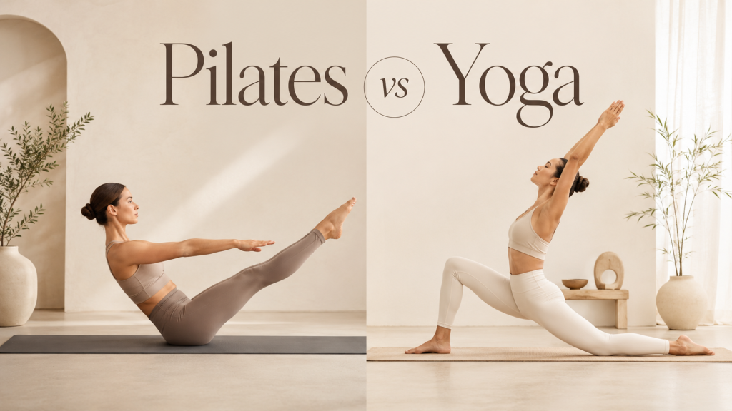 Pilates vs yoga comparison showing Mat Pilates for core strength and yoga for flexibility in a modern wellness studio - LA Pilates Studio KL.