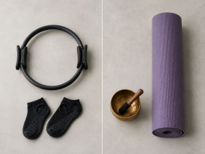 Pilates ring, grip socks, yoga mat and singing bowl used for Pilates and yoga classes in KL - LA Pilates Studio