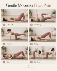 1. Gentle Pilates exercises for back pain including pelvic tilt, dead bug, bird dog, bridge, clam and cat-cow