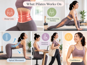Pilates for back pain focusing on deep core strength, hip mobility, spinal movement, posture and confidence
