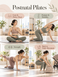 1. Postnatal Pilates exercises for core and pelvic floor strength, posture, mobility and return to daily movement